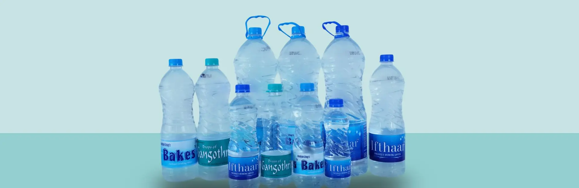 The full Gangothri, Bakes and Ifthaar bottled water product range