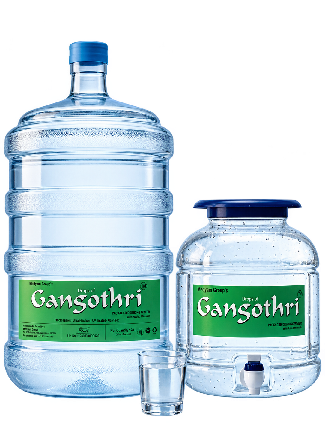 Gangothri 20 litre bottle beside the tabletop dispenser jar